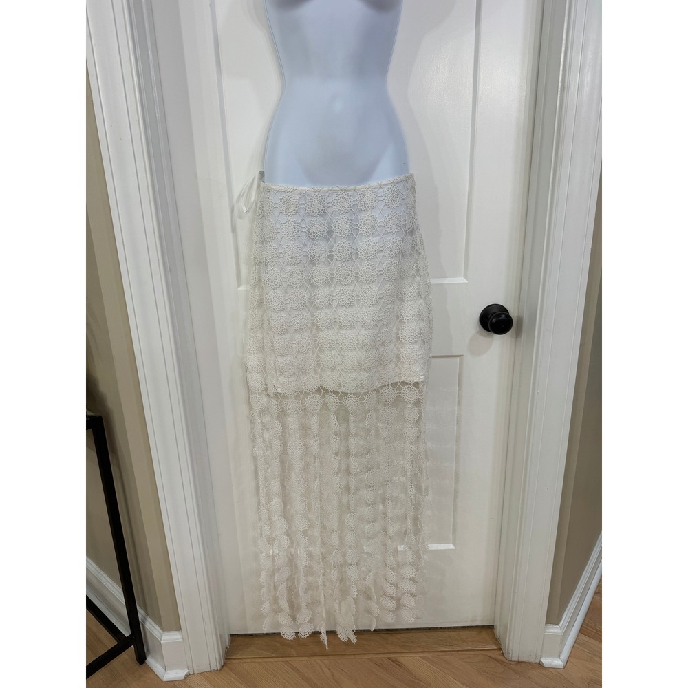River Island Studios White Crochet Lace Fringed Maxi Skirt US 10 NWT